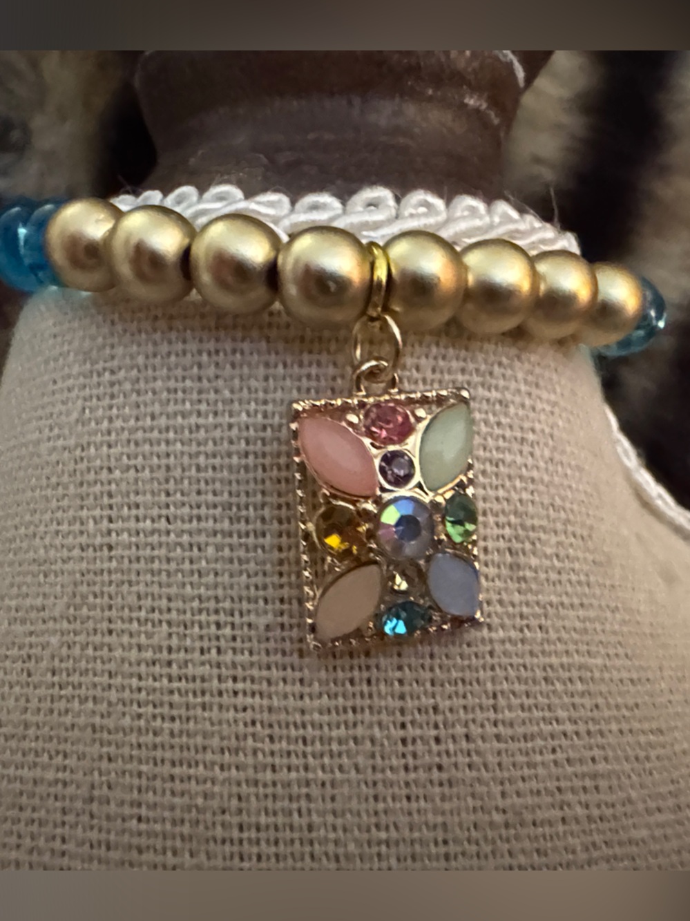 Gold Bead Bracelet with Multicolor Enamel Charm